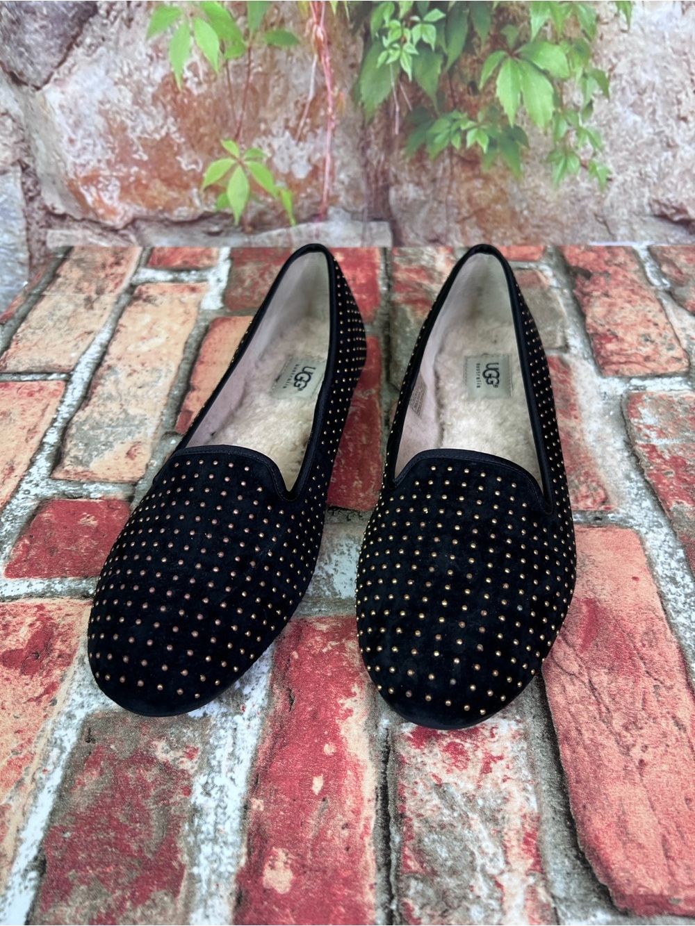 UGG Black Studded Suede Smoking Slippers with Shearling Lining, 11 - Picture 13 of 13
